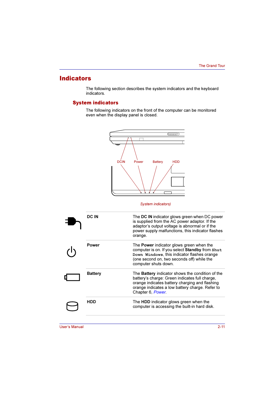 Indicators, System indicators, Indicators -11 | System indicators -11 | Toshiba Qosmio G10 User Manual | Page 59 / 235