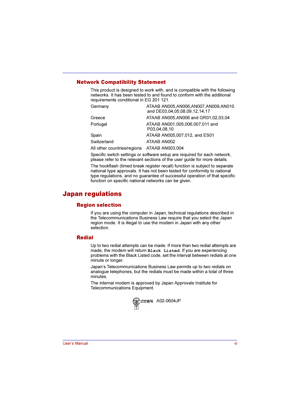 Japan regulations | Toshiba Qosmio G10 User Manual | Page 6 / 235