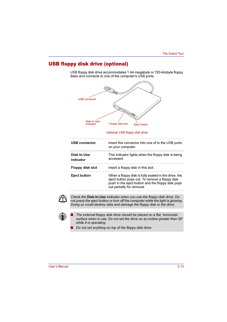 Usb floppy disk drive (optional), Usb floppy disk drive (optional) -13 | Toshiba Qosmio G10 User Manual | Page 61 / 235