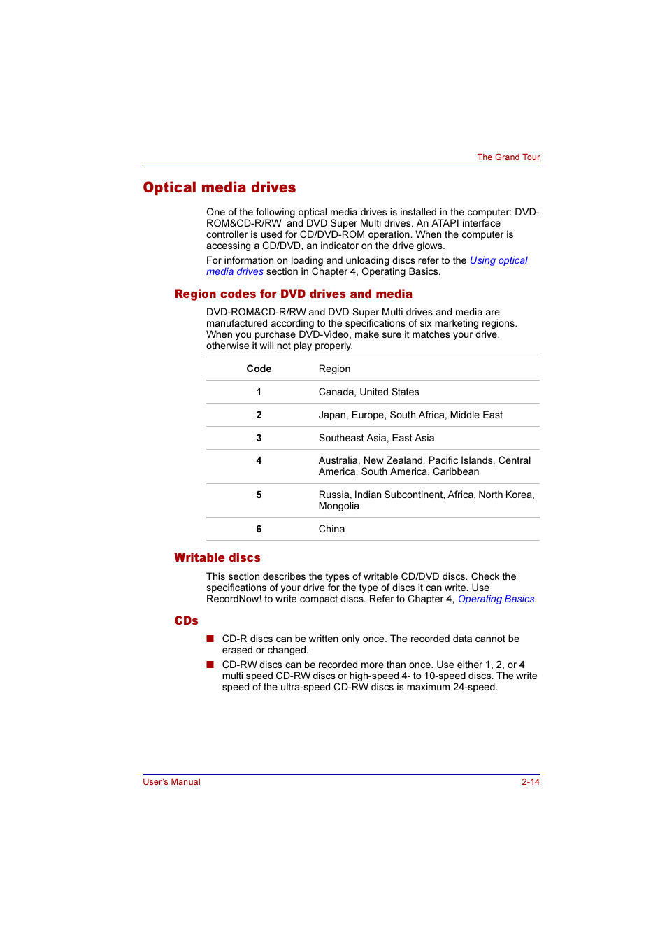 Optical media drives, Region codes for dvd drives and media, Writable discs | Optical media drives -14 | Toshiba Qosmio G10 User Manual | Page 62 / 235