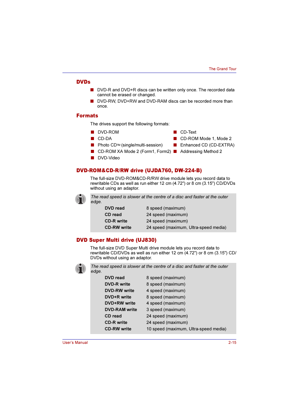 Dvds, Formats, Dvd-rom&cd-r/rw drive (ujda760, dw-224-b) | Dvd super multi drive (uj830) | Toshiba Qosmio G10 User Manual | Page 63 / 235