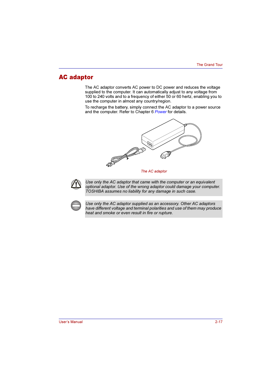 Ac adaptor, Ac adaptor -17 | Toshiba Qosmio G10 User Manual | Page 65 / 235