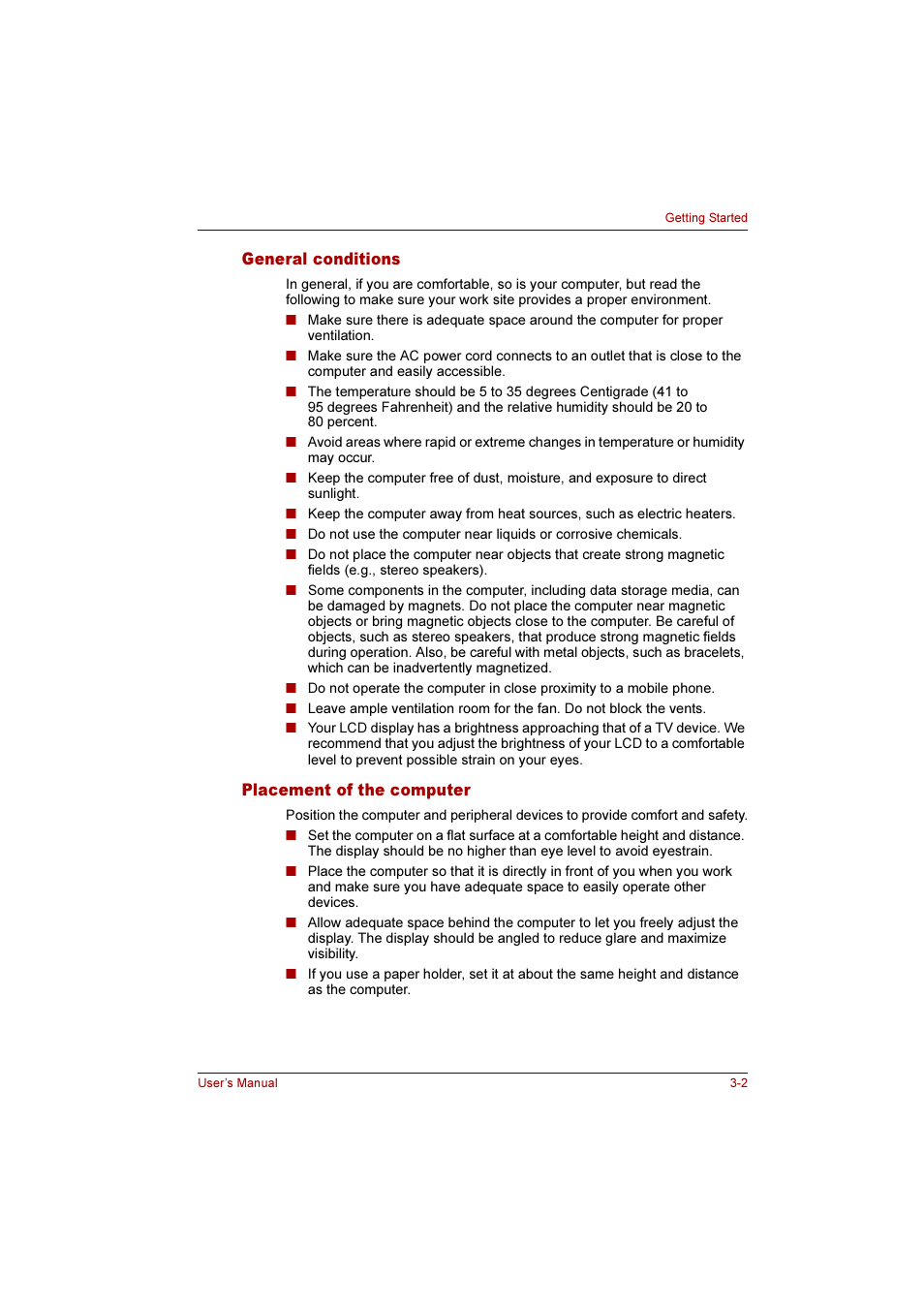 General conditions, Placement of the computer, General conditions -2 placement of the computer -2 | Toshiba Qosmio G10 User Manual | Page 67 / 235