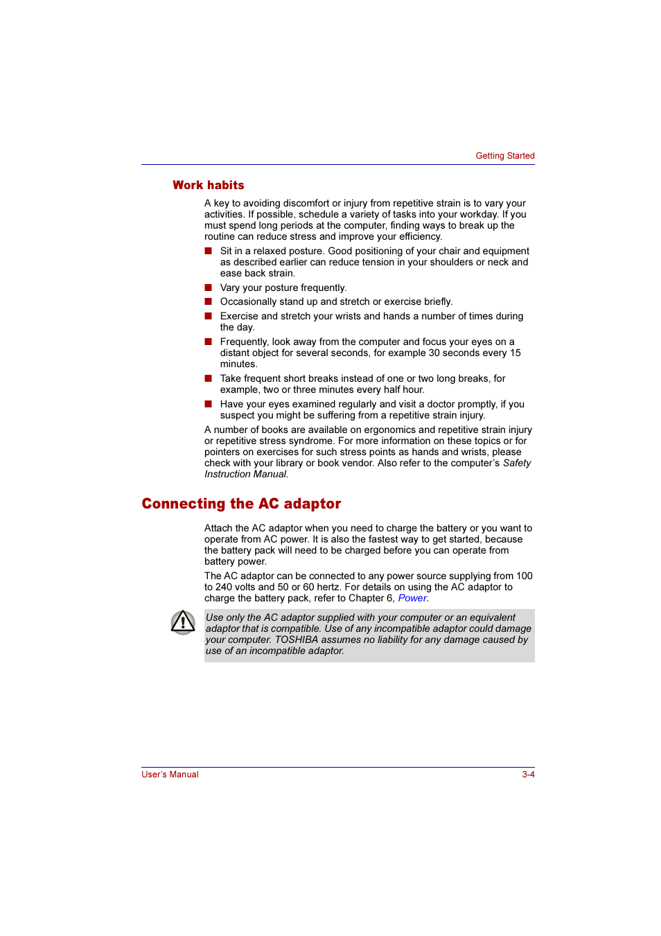 Work habits, Connecting the ac adaptor, Work habits -4 | Connecting the ac adaptor -4 | Toshiba Qosmio G10 User Manual | Page 69 / 235