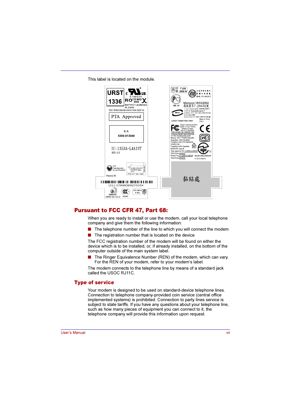 Pursuant to fcc cfr 47, part 68 | Toshiba Qosmio G10 User Manual | Page 7 / 235