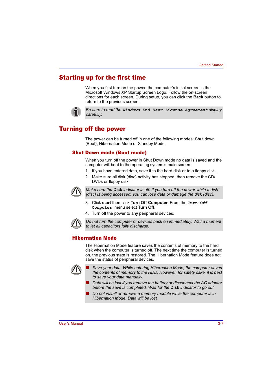 Starting up for the first time, Turning off the power, Shut down mode (boot mode) | Hibernation mode, Shut down mode (boot mode) -7 hibernation mode -7 | Toshiba Qosmio G10 User Manual | Page 72 / 235