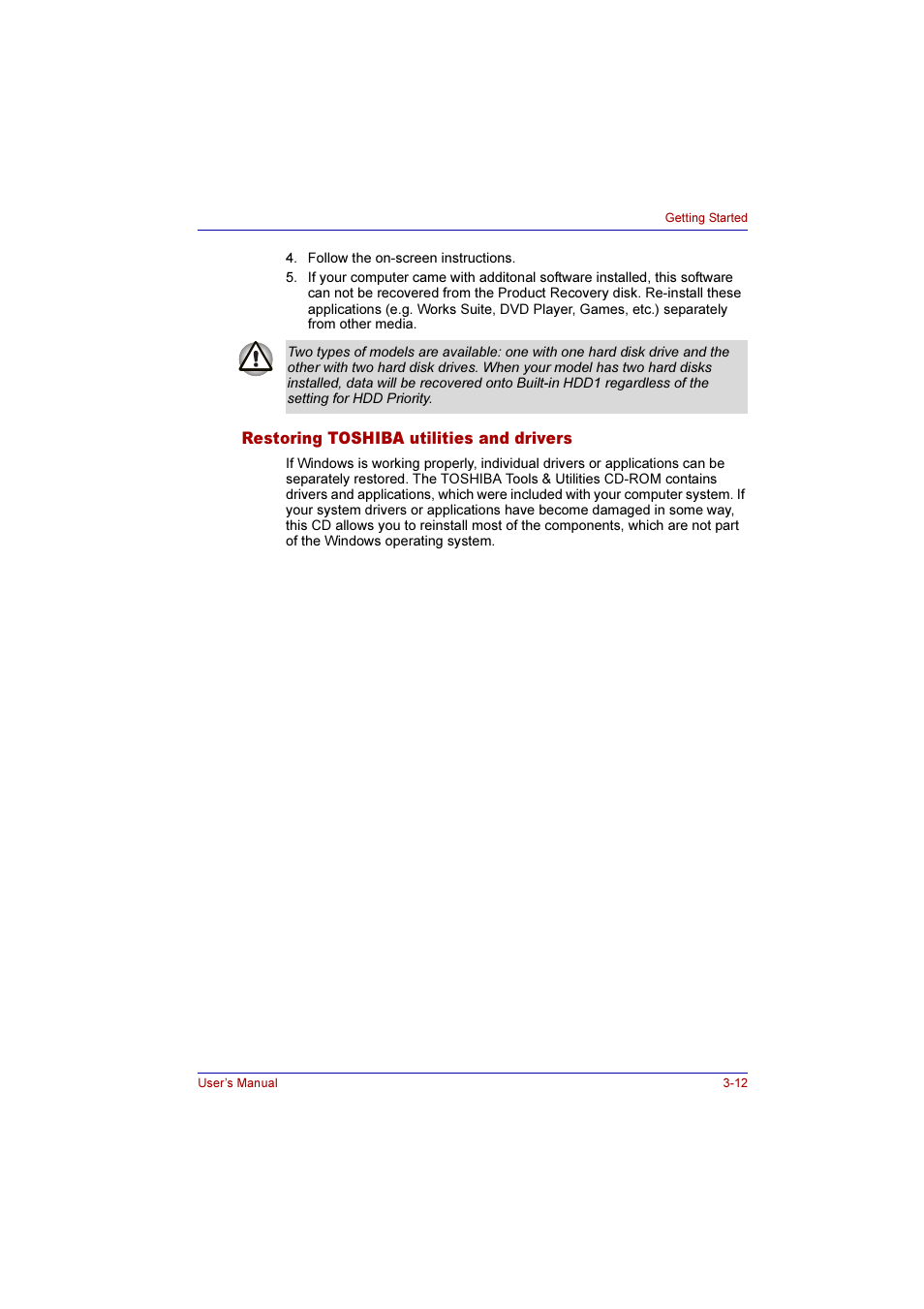 Restoring toshiba utilities and drivers, Restoring toshiba utilities and drivers -12 | Toshiba Qosmio G10 User Manual | Page 77 / 235