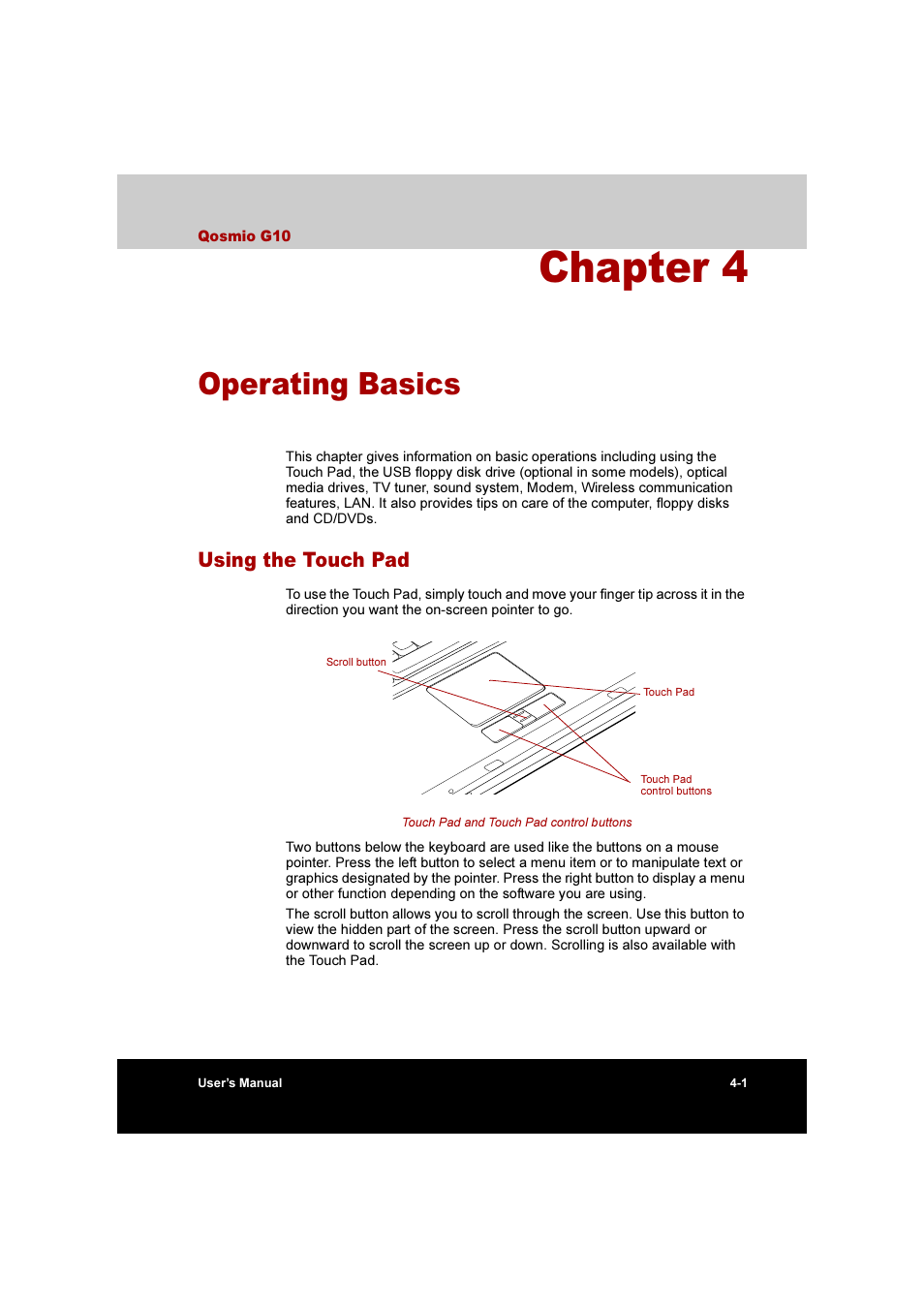 Chapter 4: operating basics, Using the touch pad, Using the touch pad -1 | Operating basics, Using, The touch pad, Chapter 4 | Toshiba Qosmio G10 User Manual | Page 78 / 235