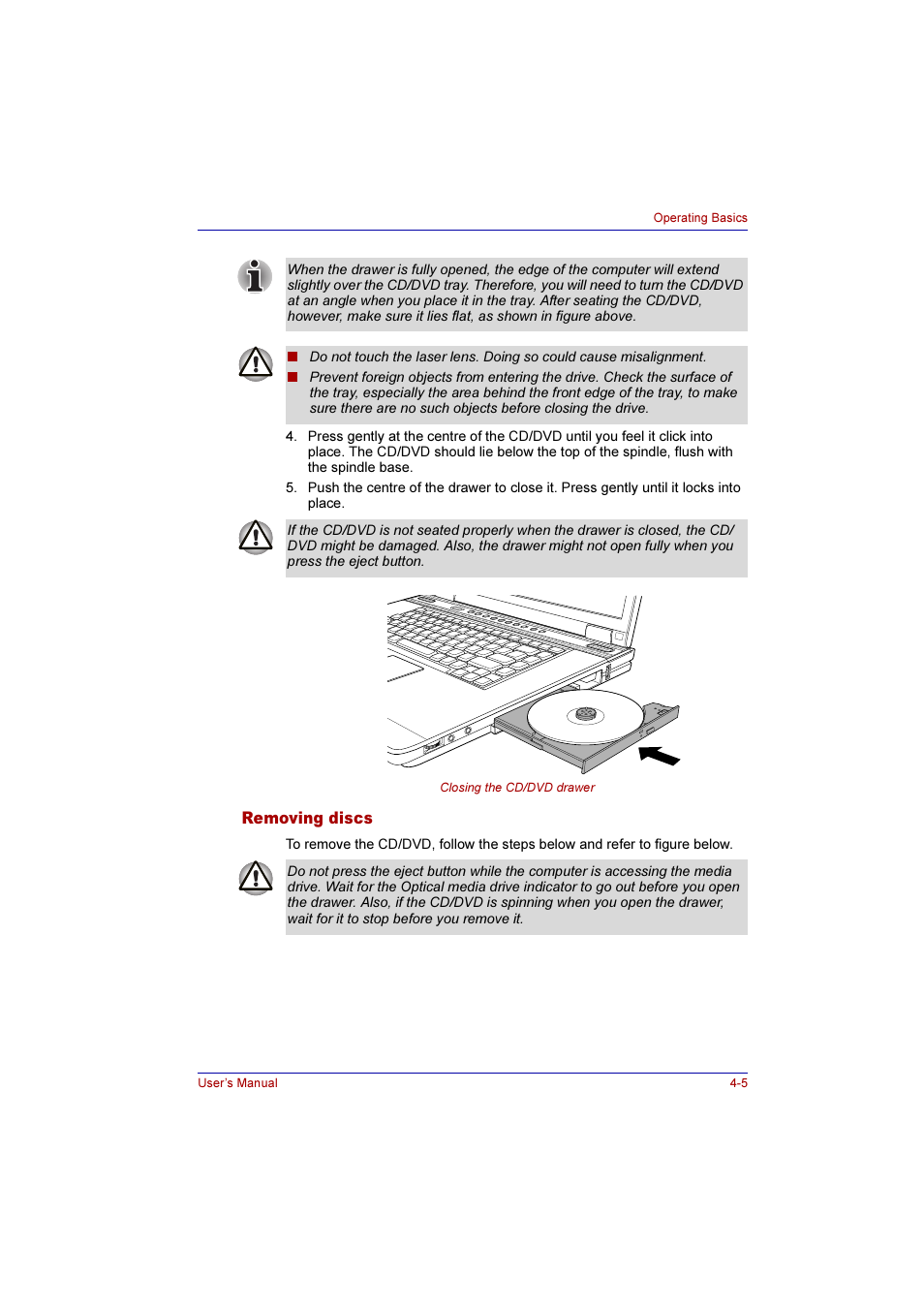 Removing discs, Removing discs -5 | Toshiba Qosmio G10 User Manual | Page 82 / 235