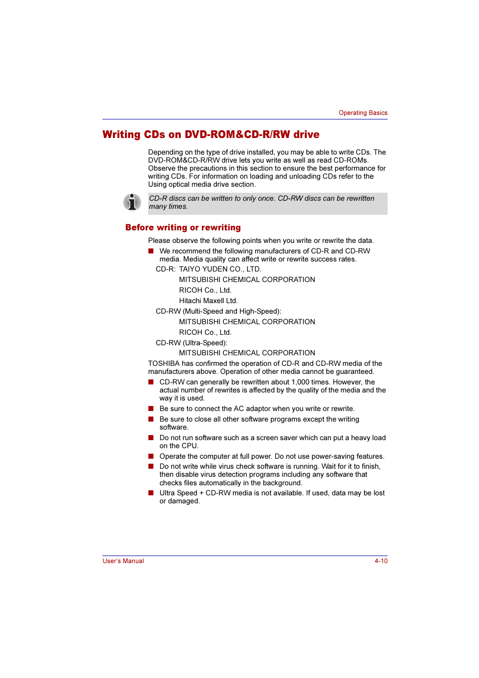 Writing cds on dvd-rom&cd-r/rw drive, Before writing or rewriting, Writing cds on dvd-rom&cd-r/rw drive -10 | Before writing or rewriting -10 | Toshiba Qosmio G10 User Manual | Page 87 / 235