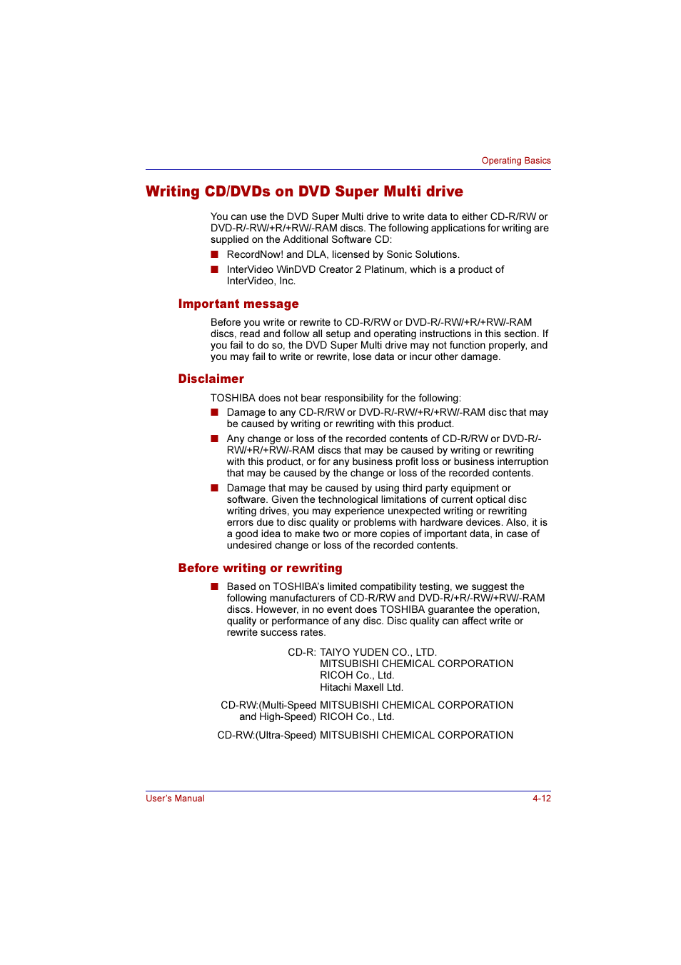 Writing cd/dvds on dvd super multi drive, Important message, Disclaimer | Before writing or rewriting, Writing cd/dvds on dvd super multi drive -12 | Toshiba Qosmio G10 User Manual | Page 89 / 235