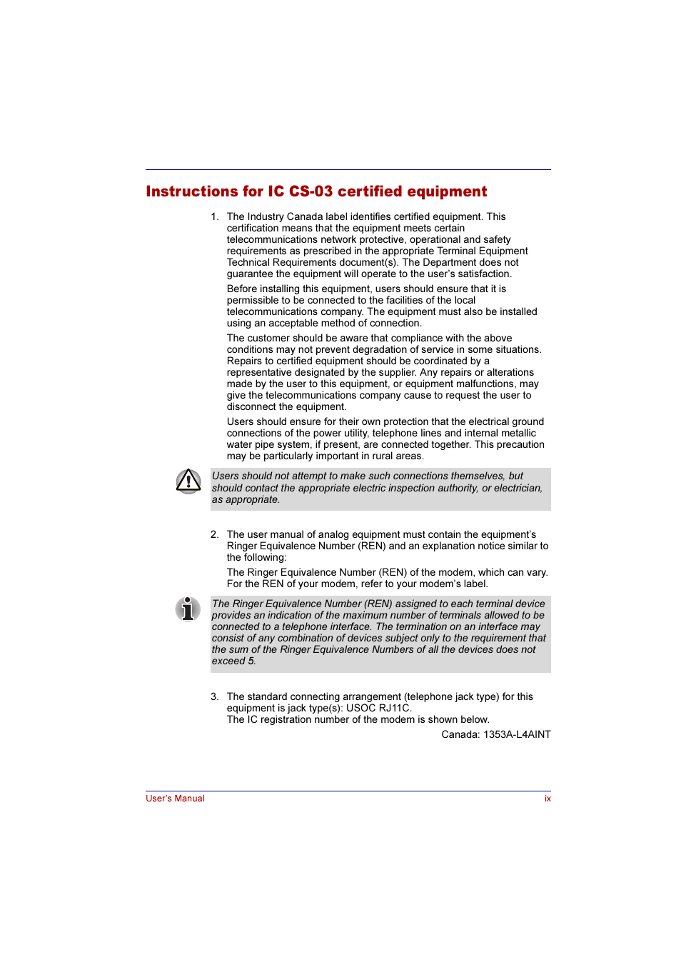 Instructions for ic cs-03 certified equipment | Toshiba Qosmio G10 User Manual | Page 9 / 235