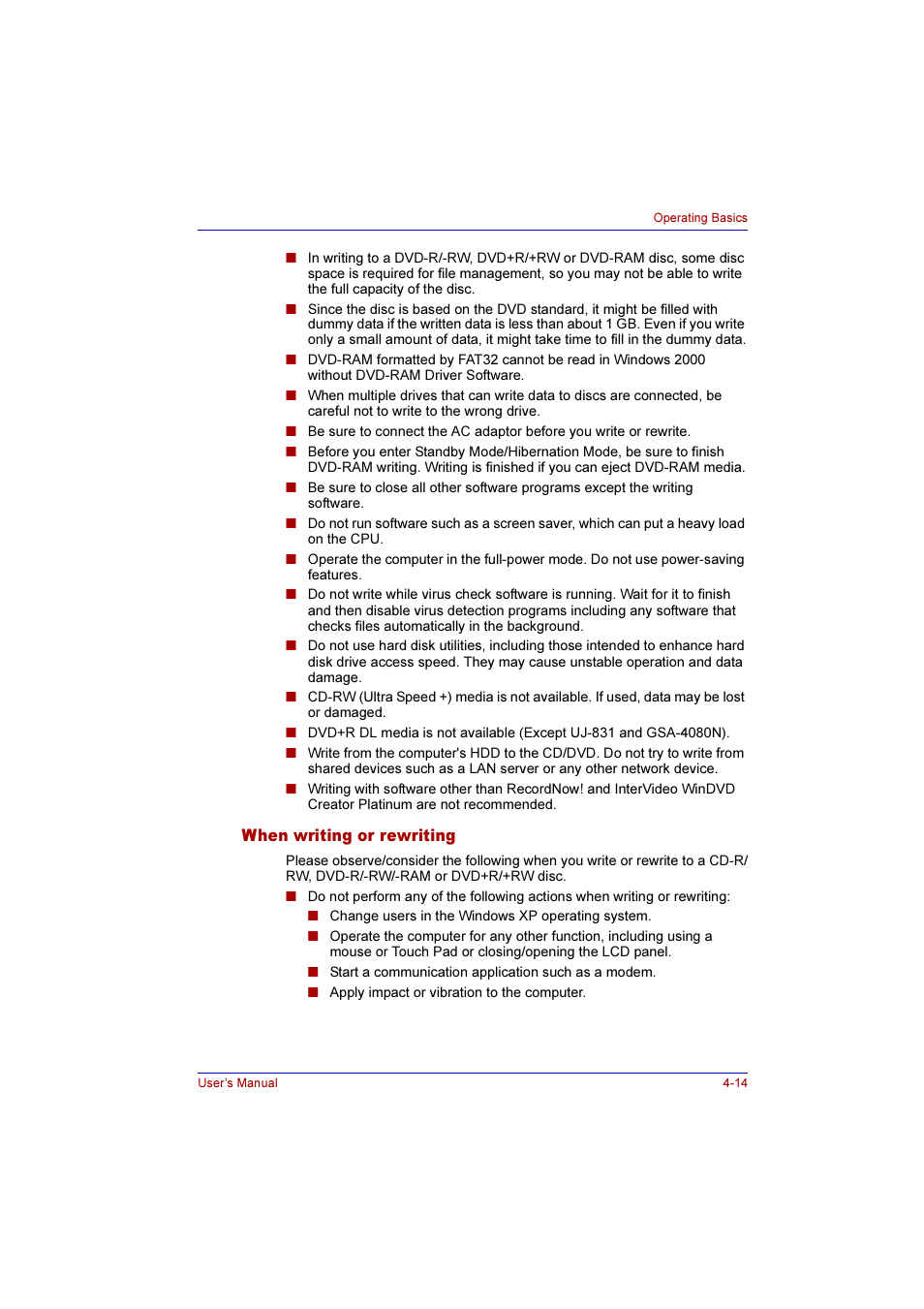 When writing or rewriting, When writing or rewriting -14 | Toshiba Qosmio G10 User Manual | Page 91 / 235