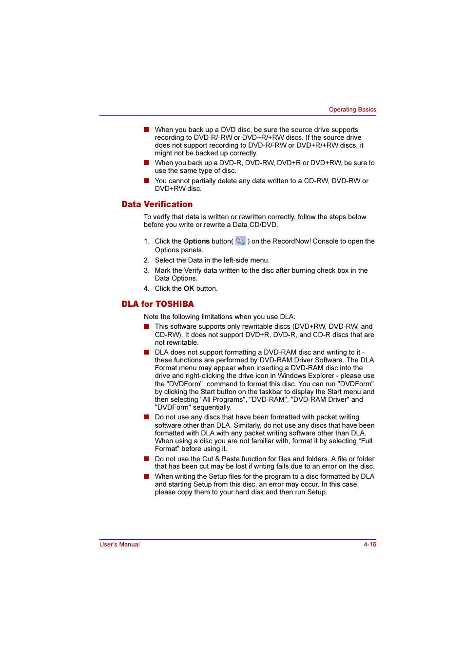 Data verification, Dla for toshiba, Data verification -16 dla for toshiba -16 | Toshiba Qosmio G10 User Manual | Page 93 / 235