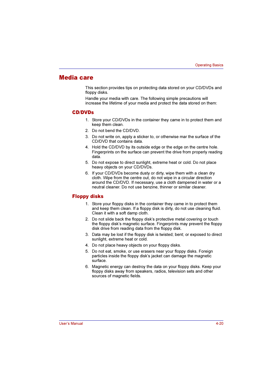 Media care, Cd/dvds, Floppy disks | Media care -20, Cd/dvds -20 floppy disks -20 | Toshiba Qosmio G10 User Manual | Page 97 / 235