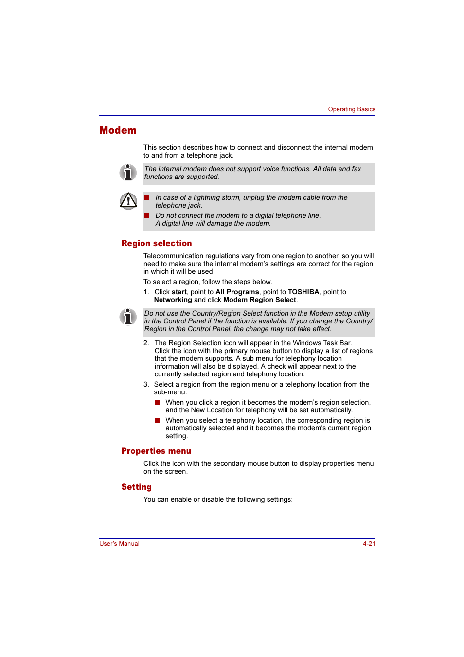 Modem, Region selection, Properties menu | Setting, Modem -21 | Toshiba Qosmio G10 User Manual | Page 98 / 235