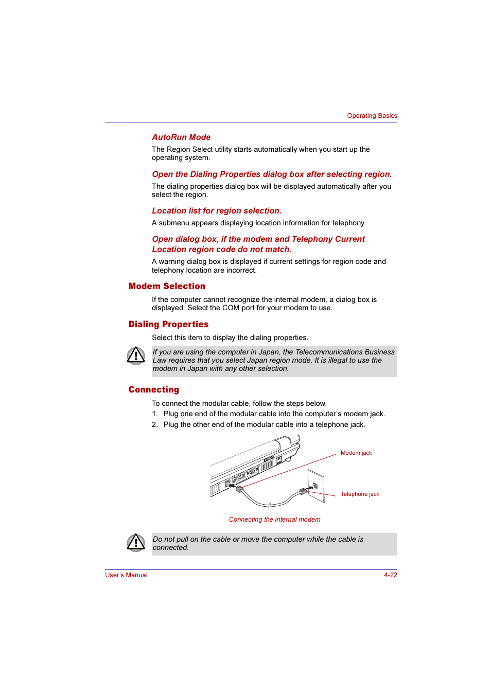 Modem selection, Dialing properties, Connecting | Toshiba Qosmio G10 User Manual | Page 99 / 235