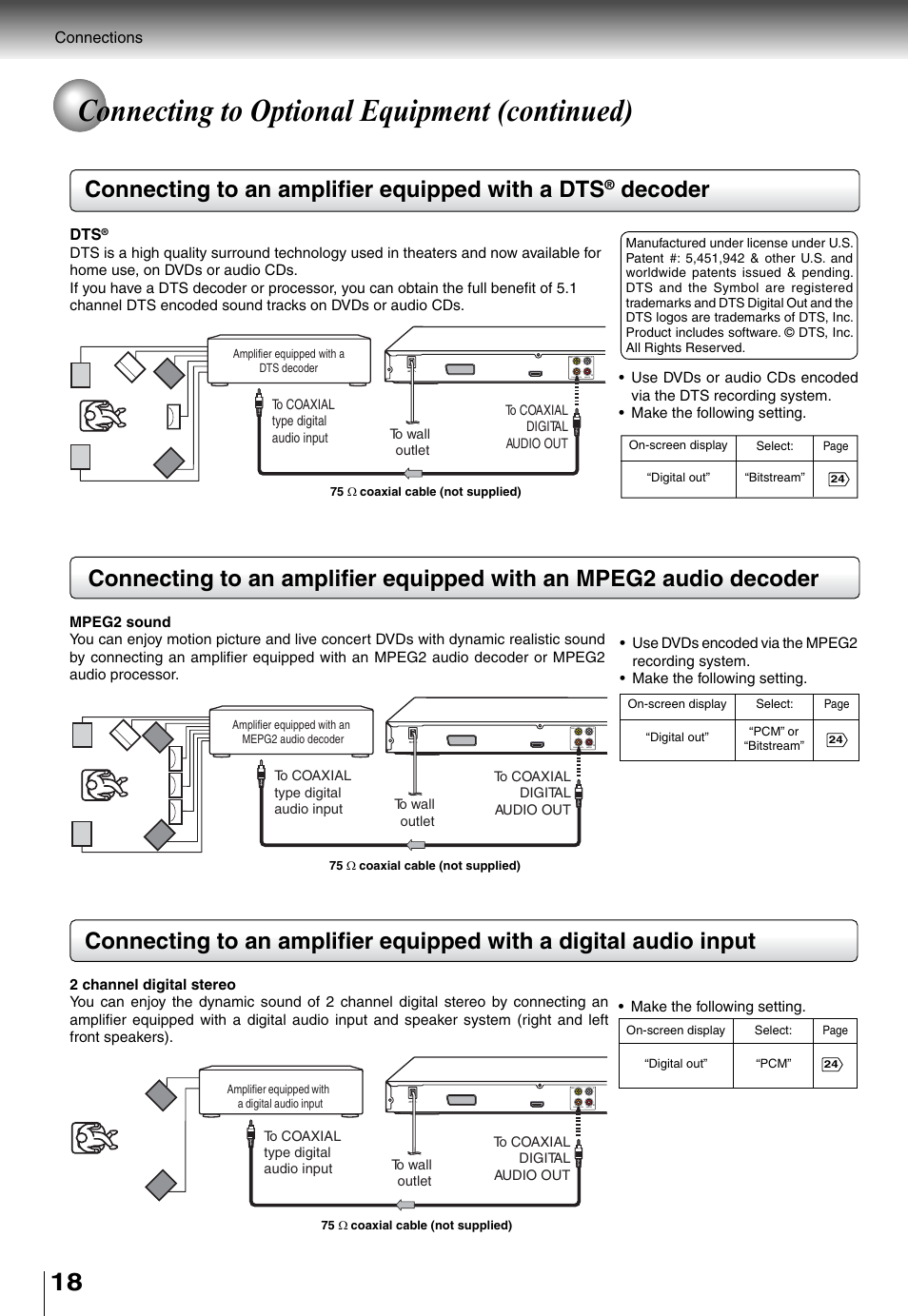 Connecting to optional equipment (continued), Connecting to an amplifi er equipped with a dts, Decoder | Toshiba SD4015 User Manual | Page 18 / 28