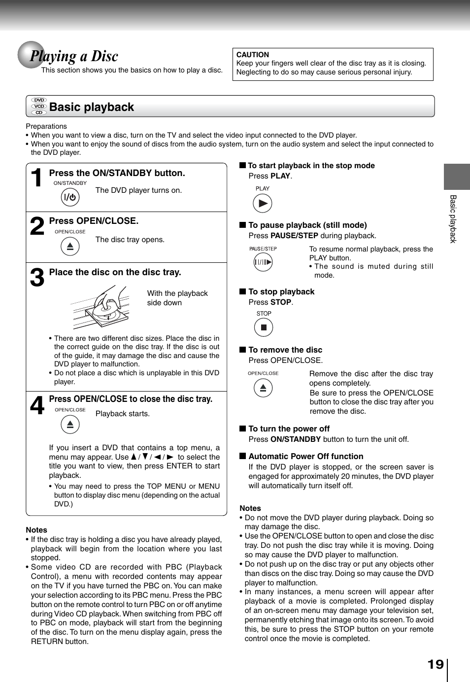 Playing a disc, Basic playback | Toshiba SD4015 User Manual | Page 19 / 28