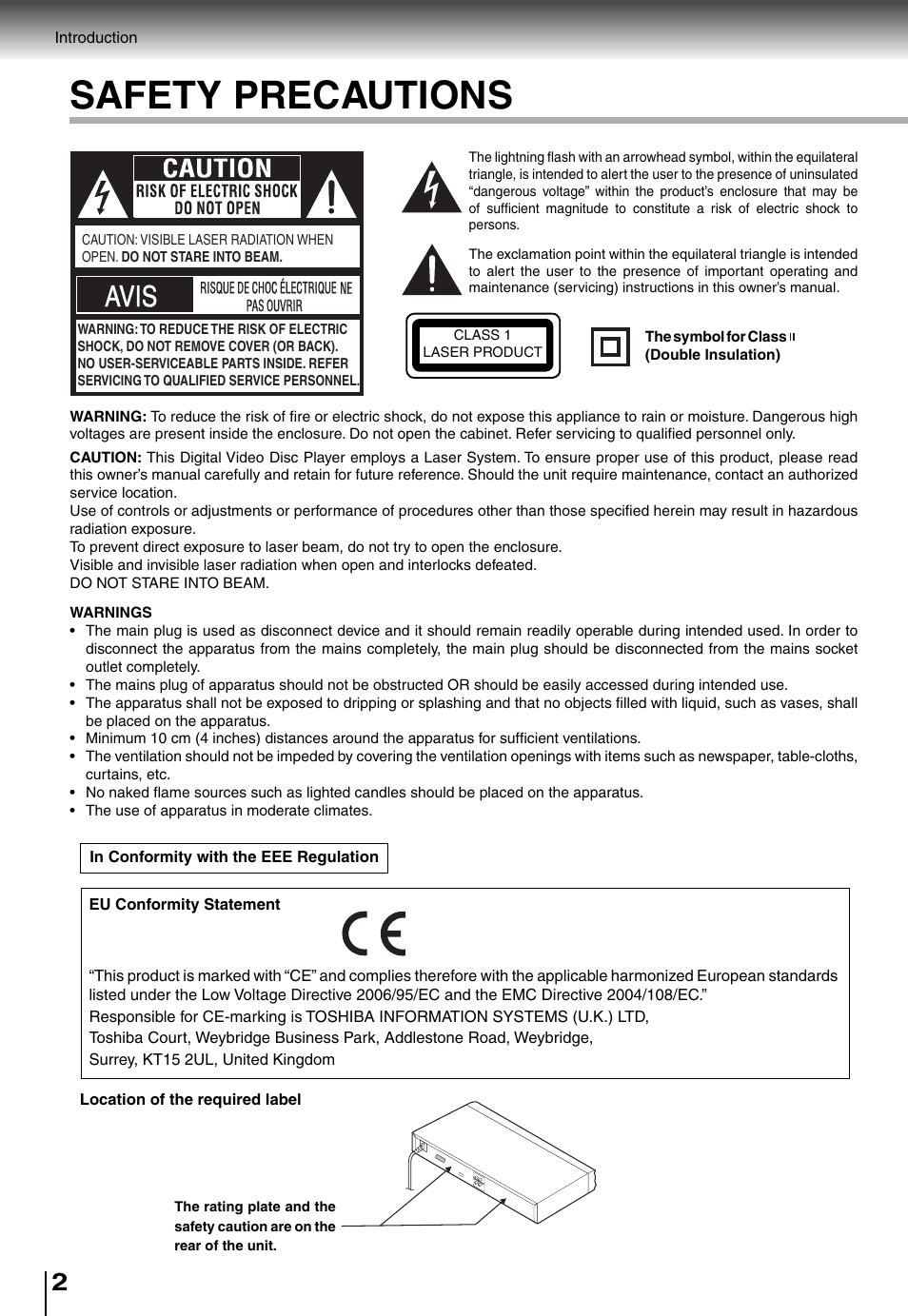 Safety precautions, Avis | Toshiba SD4015 User Manual | Page 2 / 28