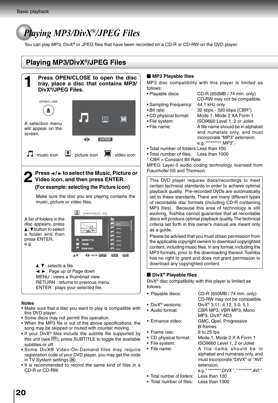 Playing mp3/divx, Jpeg files | Toshiba SD4015 User Manual | Page 20 / 28