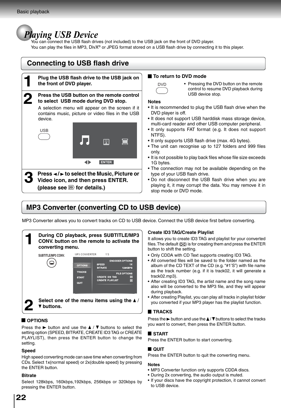 Playing usb device, Connecting to usb fl ash drive, Mp3 converter (converting cd to usb device) | Toshiba SD4015 User Manual | Page 22 / 28