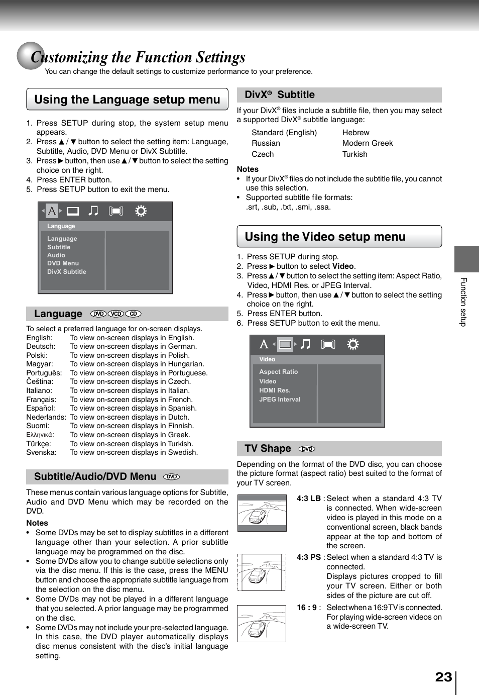 Customizing the function settings, Using the language setup menu, Using the video setup menu | Language, Subtitle/audio/dvd menu, Divx, Subtitle, Tv shape | Toshiba SD4015 User Manual | Page 23 / 28