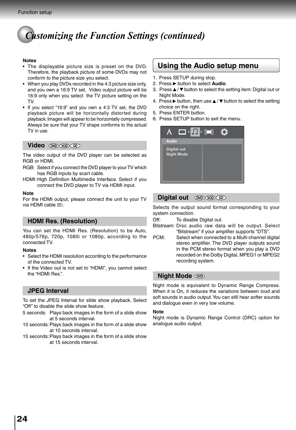 Customizing the function settings (continued), Using the audio setup menu, Night mode | Digital out, Hdmi res. (resolution), Jpeg interval, Video | Toshiba SD4015 User Manual | Page 24 / 28