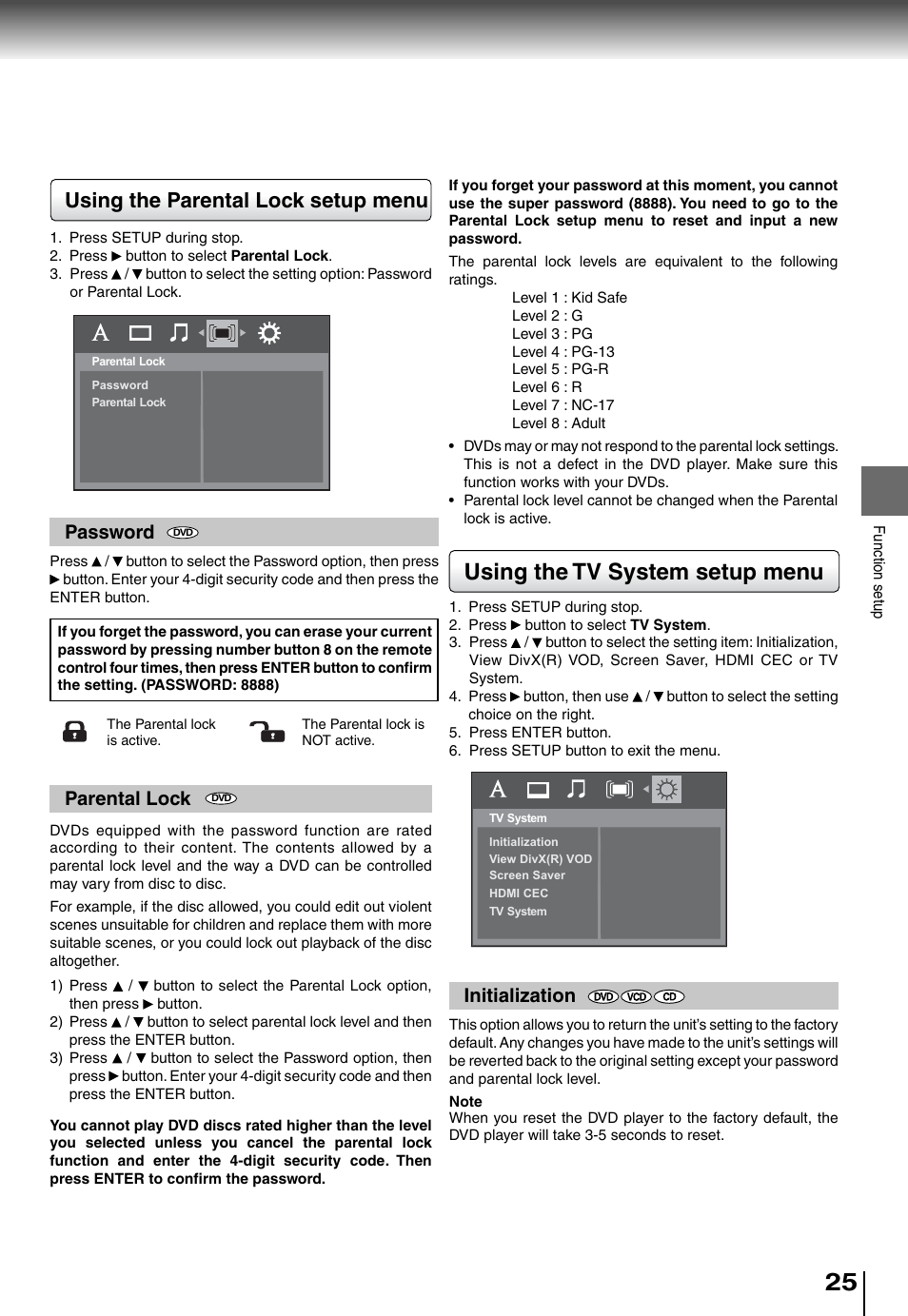 Using the tv system setup menu, Using the parental lock setup menu, Initialization | Parental lock, Password | Toshiba SD4015 User Manual | Page 25 / 28