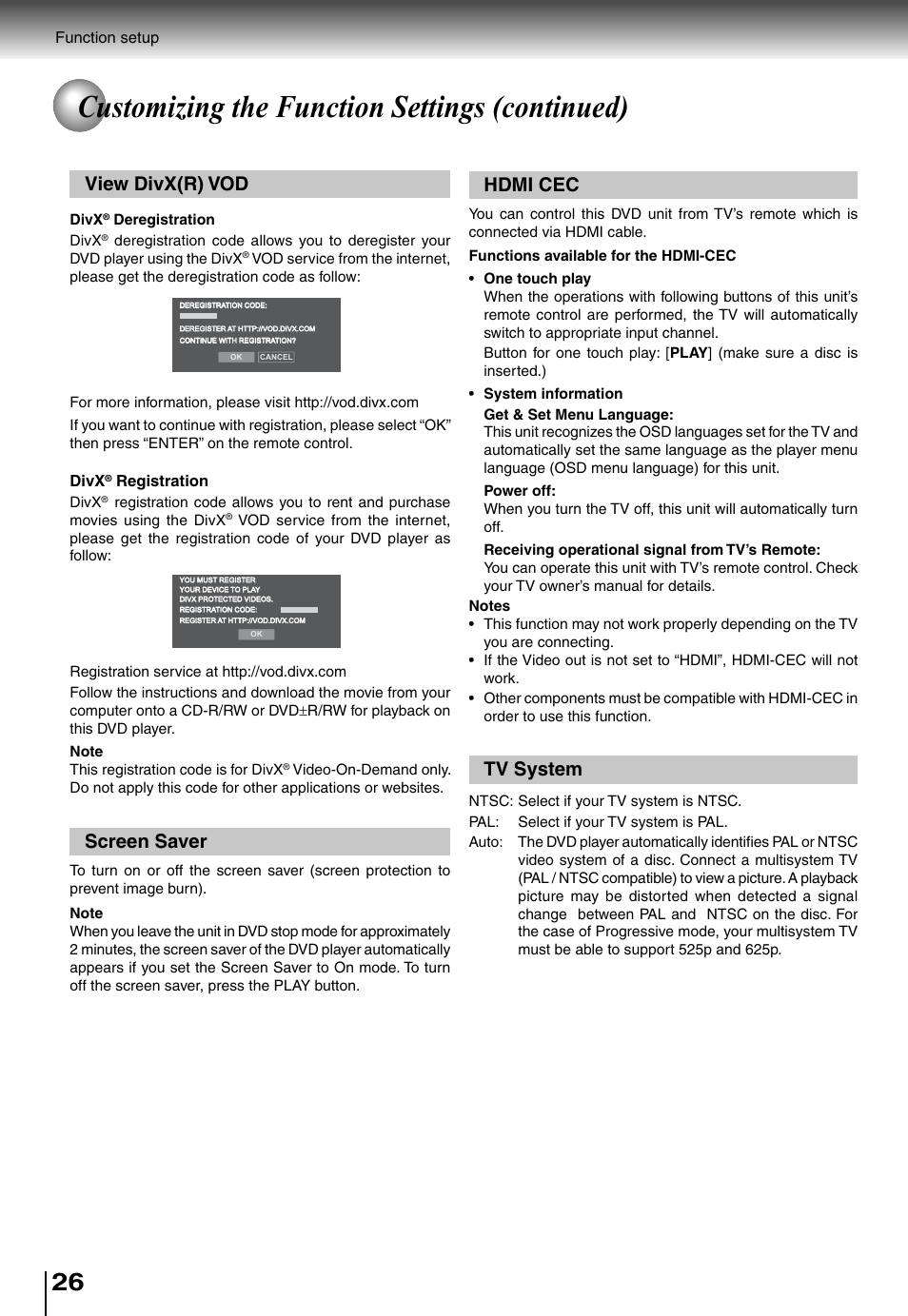 Customizing the function settings (continued), Tv system hdmi cec, Screen saver | View divx(r) vod | Toshiba SD4015 User Manual | Page 26 / 28