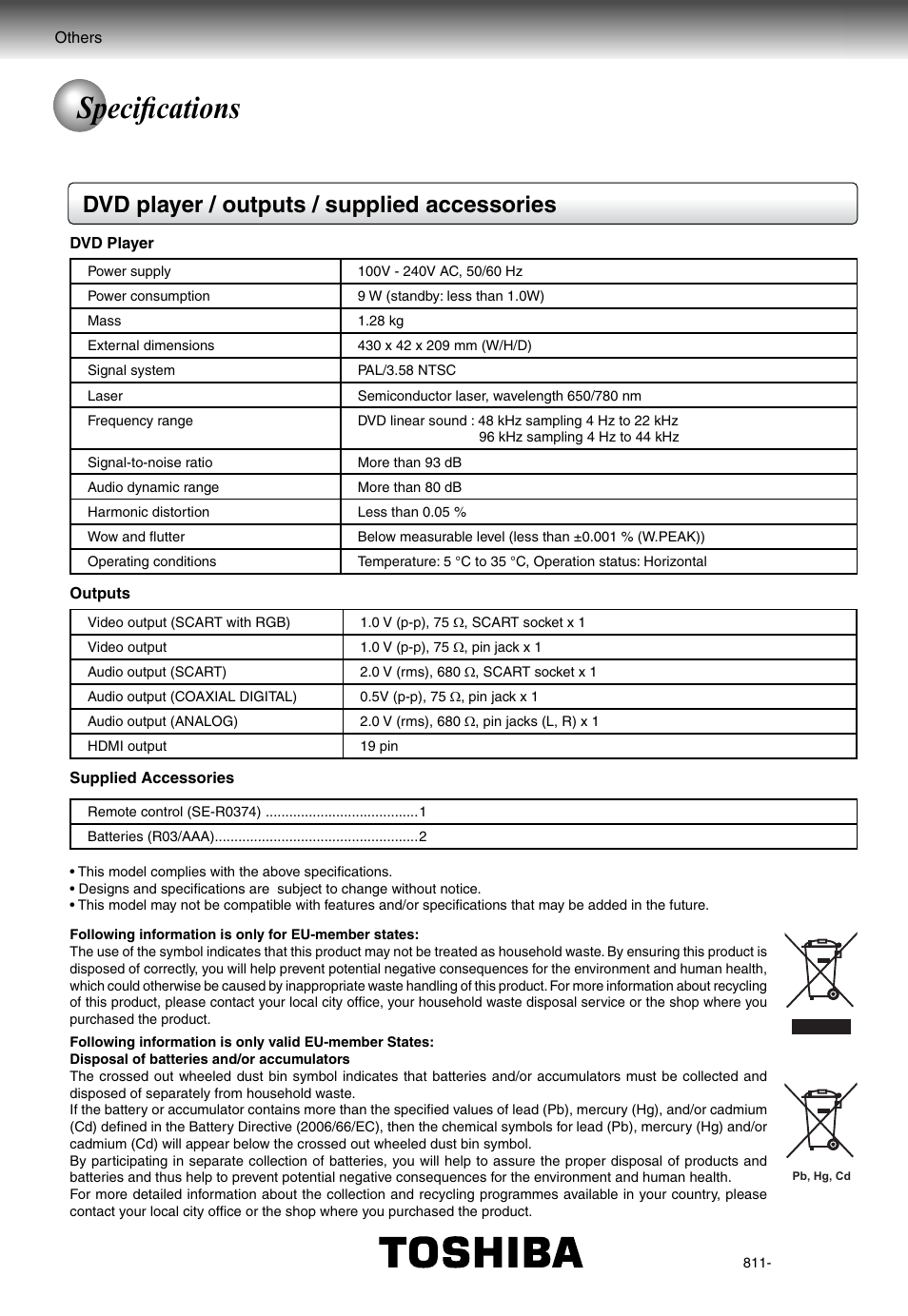 Specifi cations, Dvd player / outputs / supplied accessories | Toshiba SD4015 User Manual | Page 28 / 28