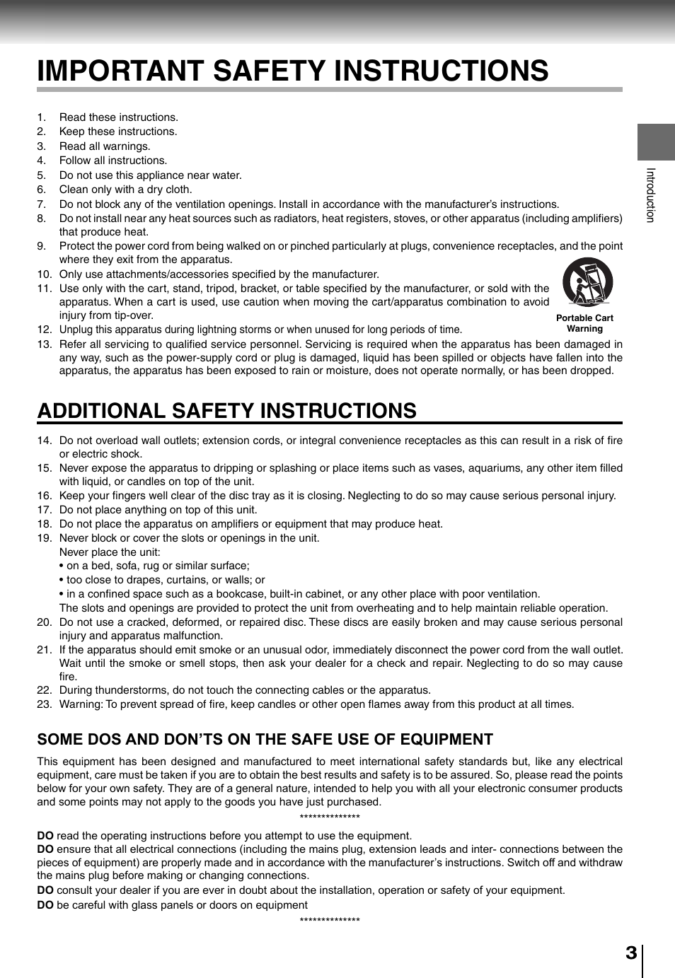 Important safety instructions, Additional safety instructions, Some dos and don’ts on the safe use of equipment | Toshiba SD4015 User Manual | Page 3 / 28