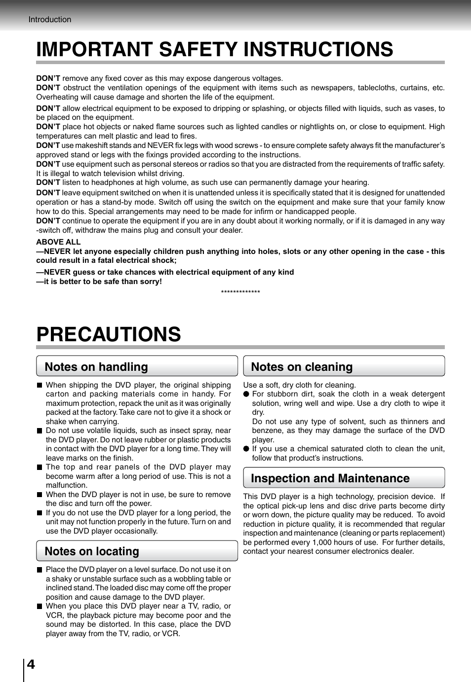 Important safety instructions, Precautions, Inspection and maintenance | Toshiba SD4015 User Manual | Page 4 / 28