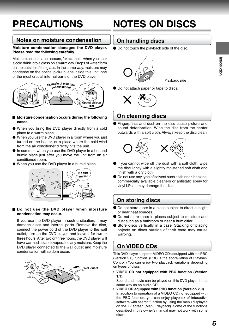 Precautions, On video cds, On handling discs | On cleaning discs, On storing discs | Toshiba SD4015 User Manual | Page 5 / 28