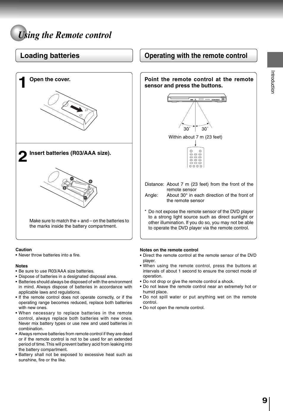 Using the remote control, Operating with the remote control, Loading batteries | Toshiba SD4015 User Manual | Page 9 / 28