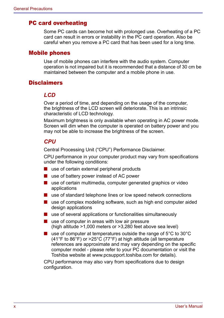 Pc card overheating, Mobile phones, Disclaimers | Toshiba Portege S100 User Manual | Page 10 / 216