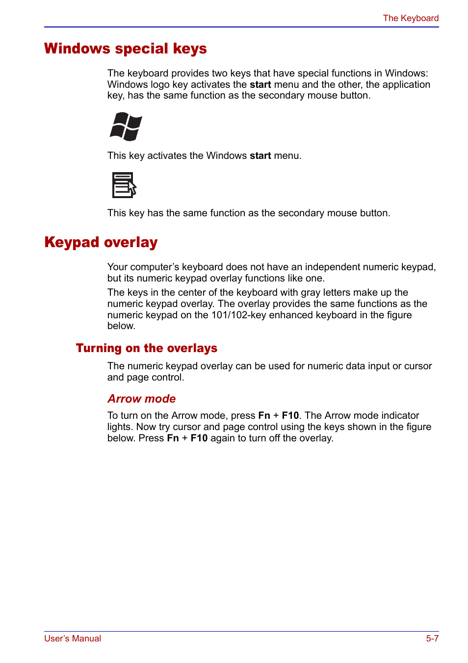 Windows special keys, Keypad overlay, Windows special keys -7 keypad overlay -7 | Keypad, Overlay | Toshiba Portege S100 User Manual | Page 101 / 216