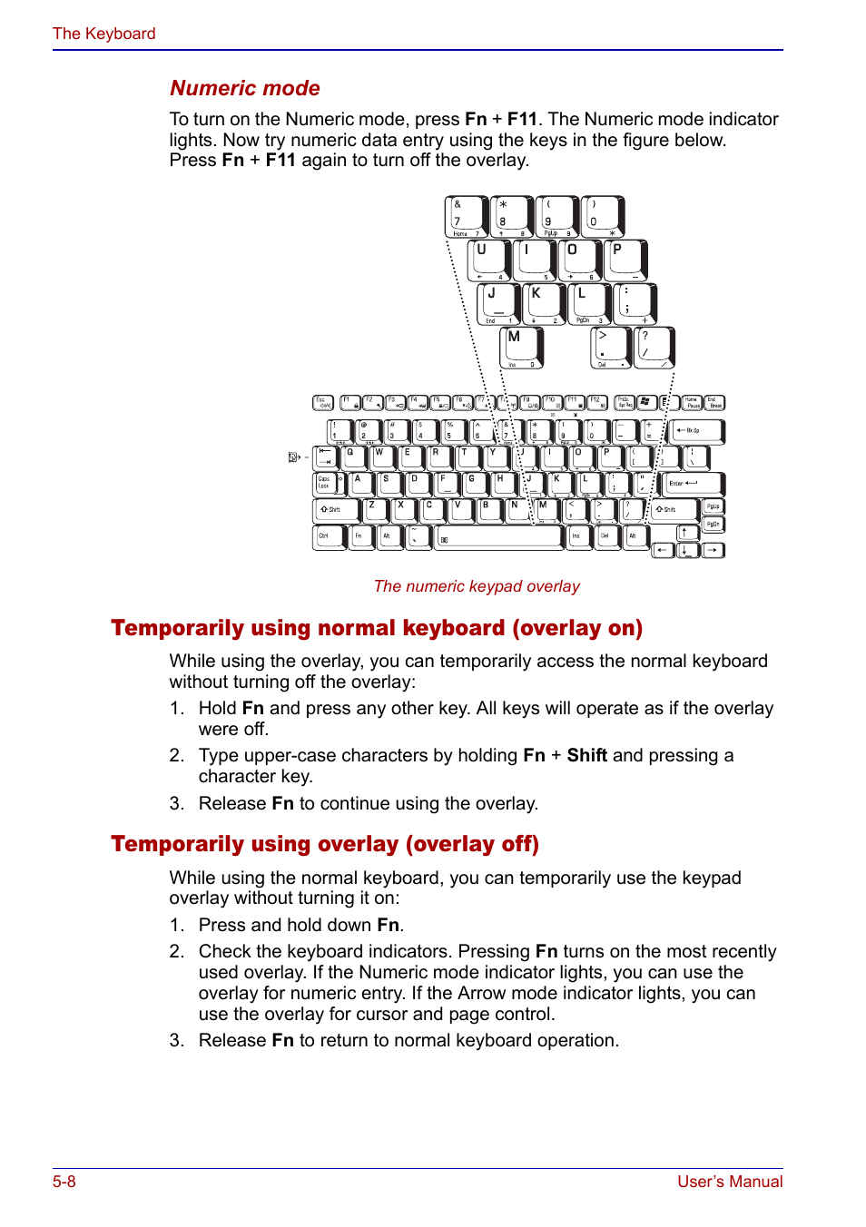 Temporarily using normal keyboard (overlay on), Temporarily using overlay (overlay off) | Toshiba Portege S100 User Manual | Page 102 / 216