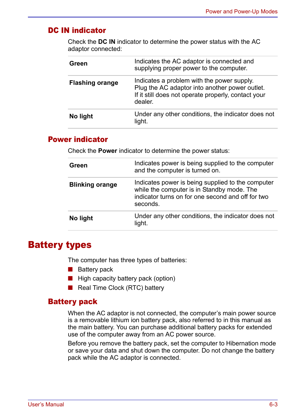 Battery types, Battery types -3, Dc in indicator | Power indicator, Battery pack | Toshiba Portege S100 User Manual | Page 107 / 216