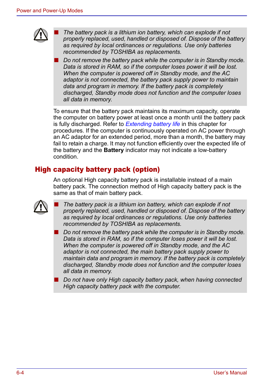 High capacity battery pack (option) | Toshiba Portege S100 User Manual | Page 108 / 216