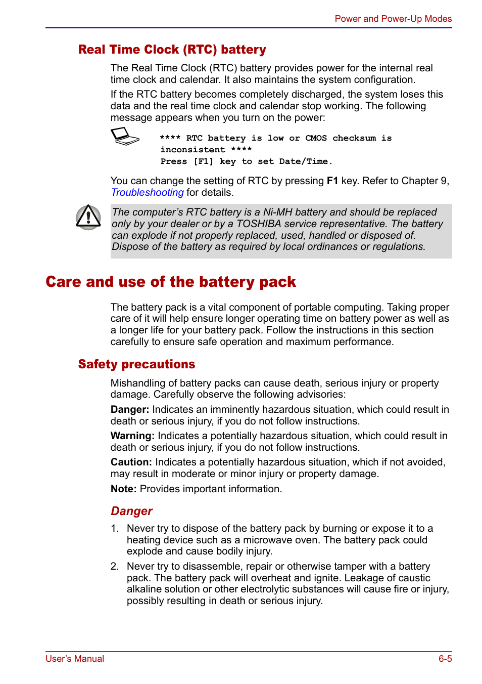 Care and use of the battery pack, Care and use of the battery pack -5 | Toshiba Portege S100 User Manual | Page 109 / 216