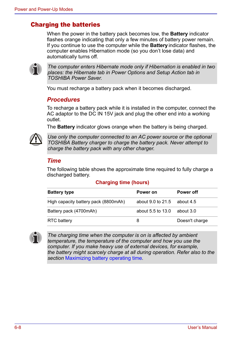 Charging the batteries, Procedures, Time | Toshiba Portege S100 User Manual | Page 112 / 216