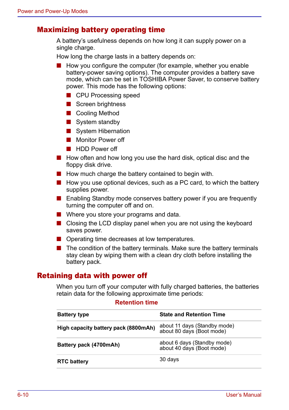 Maximizing battery operating time, Retaining data with power off | Toshiba Portege S100 User Manual | Page 114 / 216