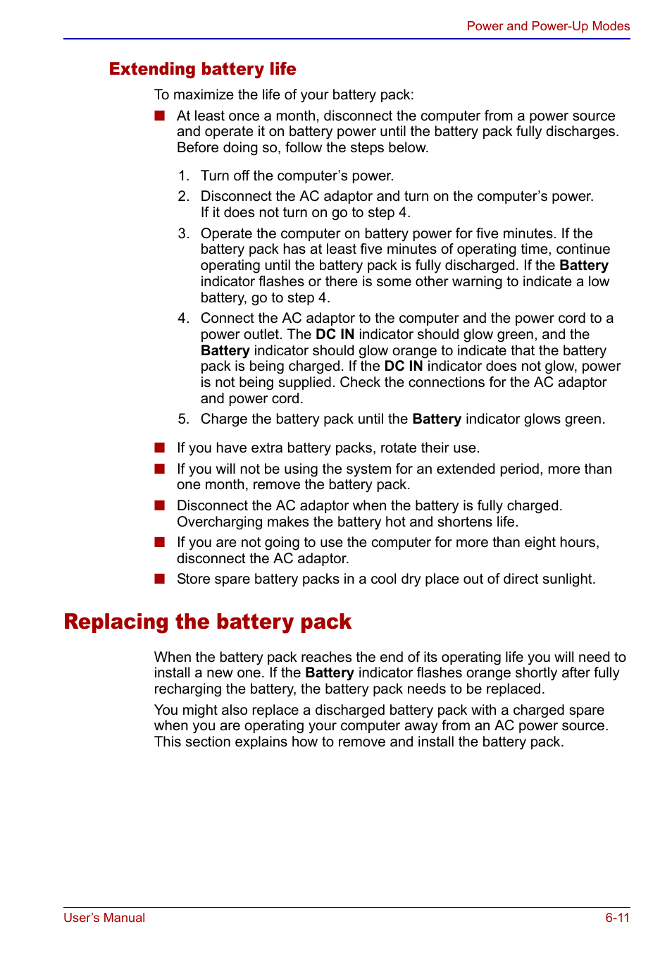 Replacing the battery pack, Replacing the battery pack -11, Extending battery life | Toshiba Portege S100 User Manual | Page 115 / 216