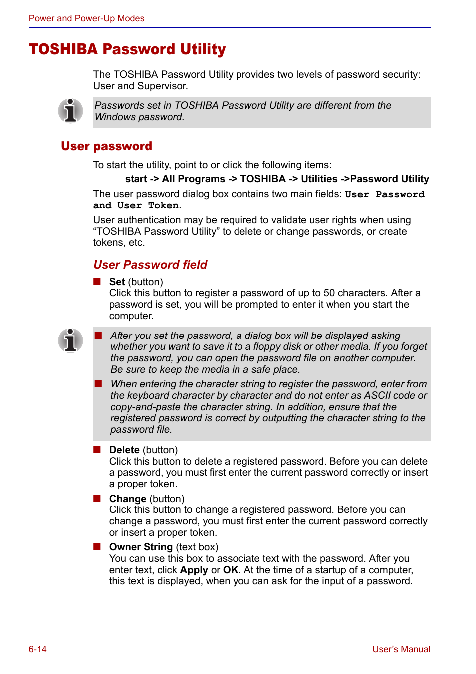 Toshiba password utility, Toshiba password utility -14, User password | Toshiba Portege S100 User Manual | Page 118 / 216