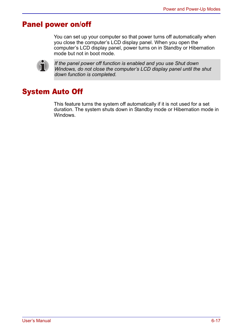 Panel power on/off, System auto off, Panel power on/off -17 system auto off -17 | Toshiba Portege S100 User Manual | Page 121 / 216