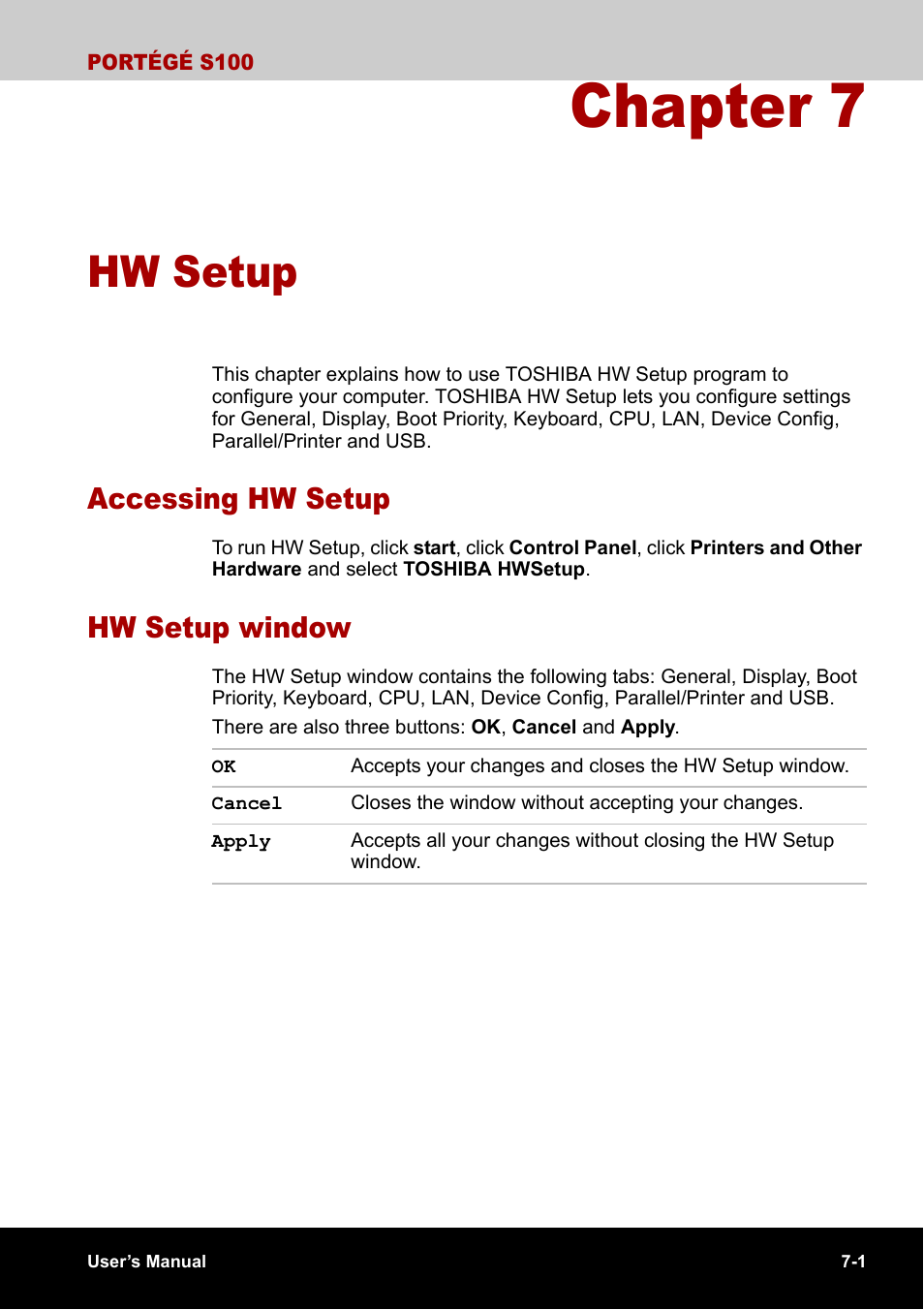 Chapter 7 - hw setup, Accessing hw setup, Hw setup window | Chapter 7, Hw setup, Accessing hw setup -1 hw setup window -1 | Toshiba Portege S100 User Manual | Page 123 / 216