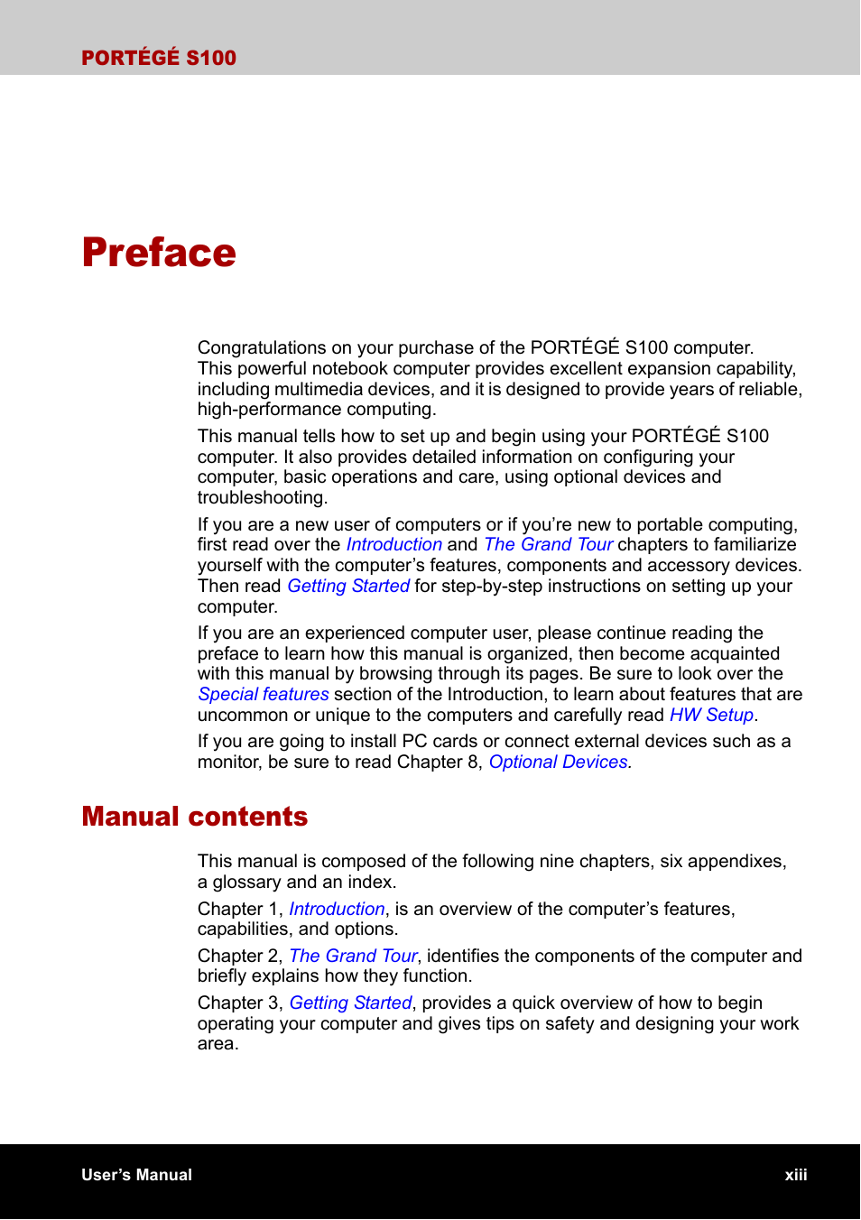 Preface, Manual contents | Toshiba Portege S100 User Manual | Page 13 / 216