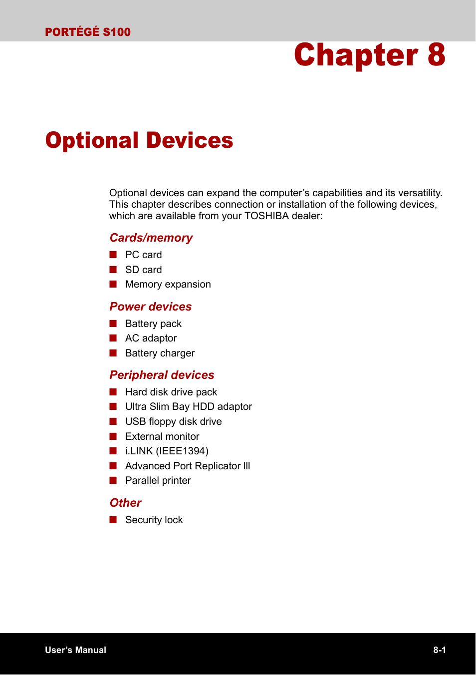 Chapter 8 - optional devices, Chapter 8, Optional devices | Toshiba Portege S100 User Manual | Page 133 / 216