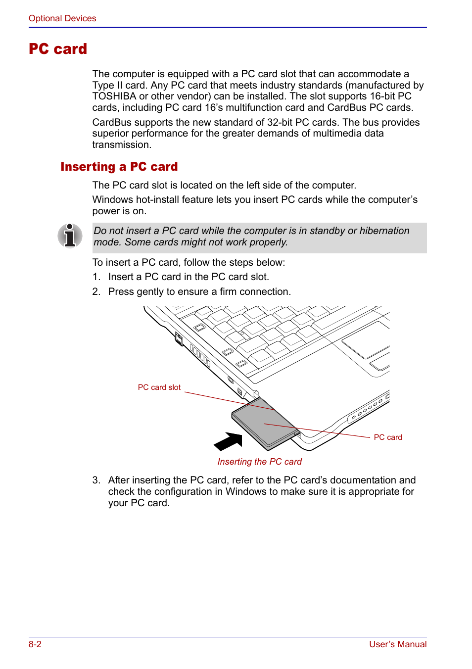 Pc card, Pc card -2, Inserting a pc card | Toshiba Portege S100 User Manual | Page 134 / 216